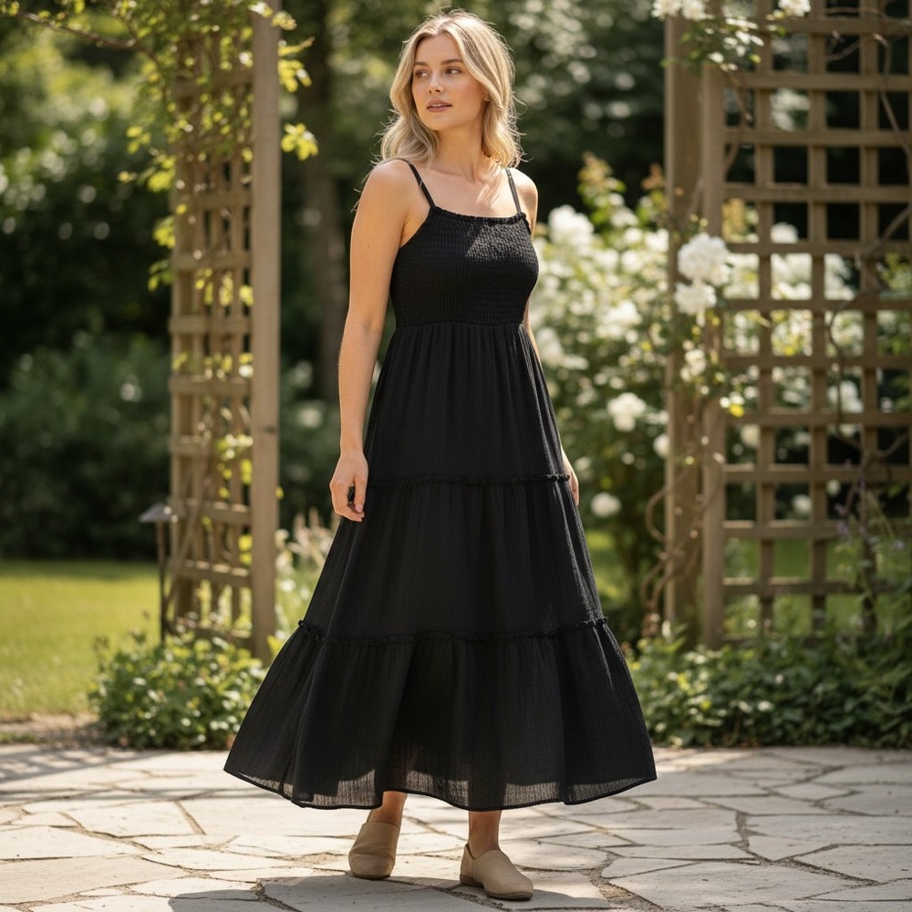 Altar'd State Altar'd Moa Black Tiered Maxi Dress Smocked Gauze XS